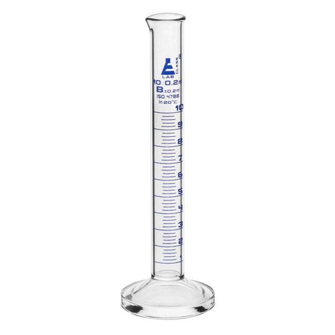 Cylinder Measuring Graduated, cap. 10ml, class 'B', round base with spout, borosilicate glass, Blue Graduation-EIS-CH0344A10