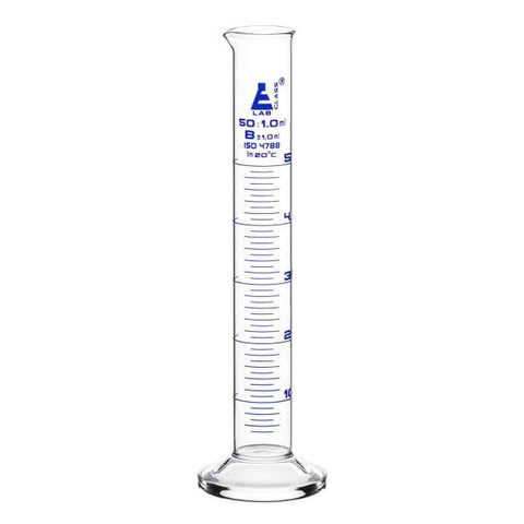 Cylinder Measuring Graduated, cap. 50ml., class 'B', round base with spout, borosilicate glass, Blue Graduation-EIS-CH0344B
