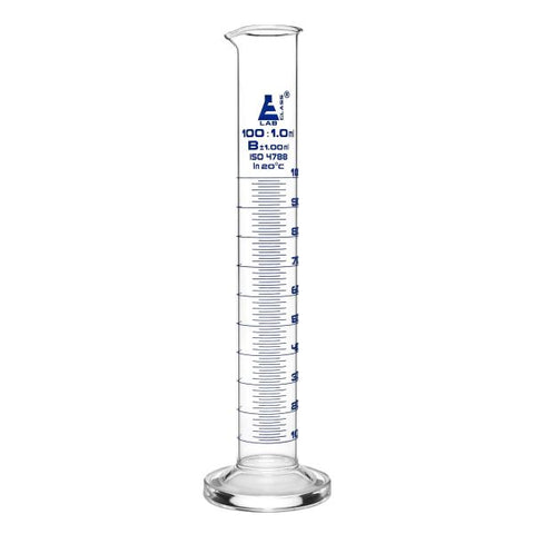 Cylinder Measuring Graduated, cap. 100ml., class 'B', round base with spout, borosilicate glass, Blue Graduation-EIS-CH0344C