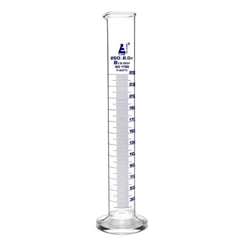 Cylinder Measuring Graduated, cap. 250ml., class 'B', round base with spout, borosilicate glass, Blue Graduation-EIS-CH0344D