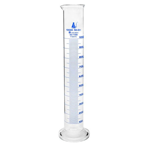 Cylinder Measuring Graduated, cap. 1000ml., class 'B', round base with spout, borosilicate glass, Blue Graduation-EIS-CH0344F