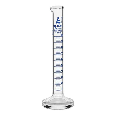 Cylinder Measuring Graduated, cap. 10ml., class 'A', round base with spout, borosilicate glass, Blue Graduation-EIS-CH0344I
