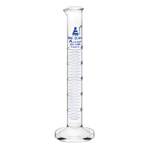 Cylinder Measuring Graduated, cap. 25ml., class 'A', round base with spout, borosilicate glass, Blue Graduation-EIS-CH0344J