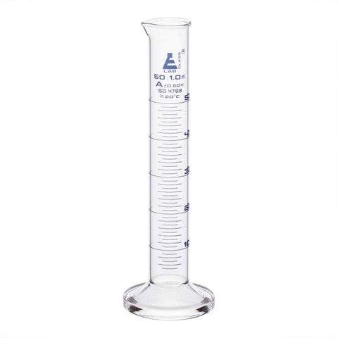 Cylinder Measuring Graduated, cap. 50ml., class 'A', round base with spout, borosilicate glass, Blue Graduation-EIS-CH0344K