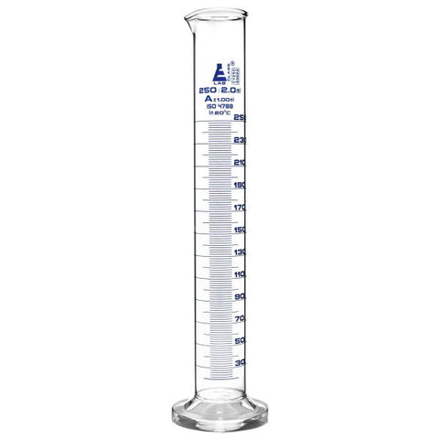 Cylinder Measuring Graduated, cap. 250ml., class 'A', round base with spout, borosilicate glass, Blue Graduation-EIS-CH0344M