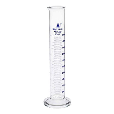 Cylinder Measuring Graduated, cap. 500ml., class 'A', round base with spout, borosilicate glass, Blue Graduation-EIS-CH0344N