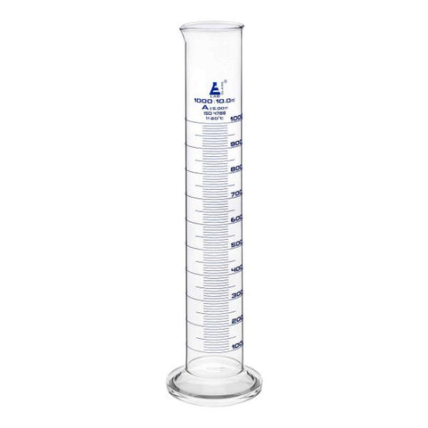 Cylinder Measuring Graduated, cap. 1000ml., class 'A', round base with spout, borosilicate glass, Blue Graduation-EIS-CH0344O