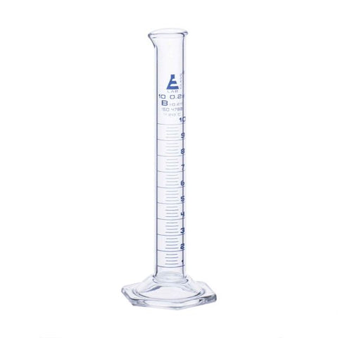 Cylinder Measuring Graduated, cap. 10ml., class 'B', Hex. base with spout, borosilicate glass, Blue Graduation-EIS-CH0345A10