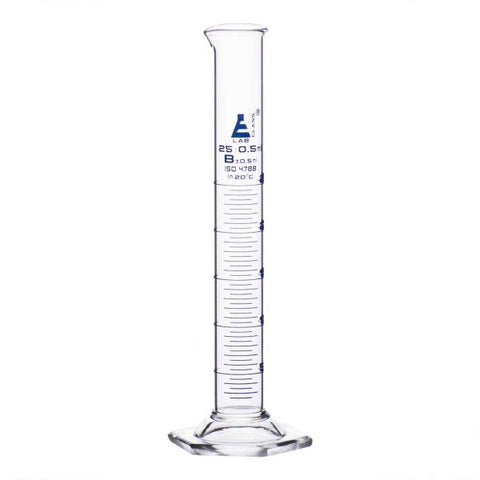 Cylinder Measuring Graduated, cap. 25ml., class 'B', Hex. base with spout, borosilicate glass, Blue Graduation-EIS-CH0345A