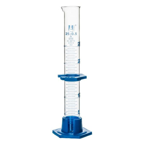Cylinder Measuring Graduated, cap. 25ml., class 'B', detachable plastic hex. base with spout and protection collar, borosilicate glass, Blue Graduation-EIS-CH0346B