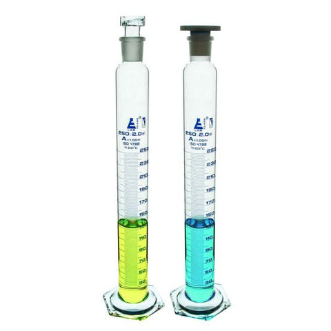 Cylinder Measuring Graduated, cap. 500ml., class 'A', glass hex. base, complete with interchangeable polypropylene stopper, borosilicate glass, Blue Graduation-EIS-CH0349N