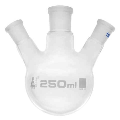 Flask Distilling round bottom, cap. 250ml, borosilicate glass, three neck at angle, centre socket 24/29, side socket 19/26-EIS-CH0418O