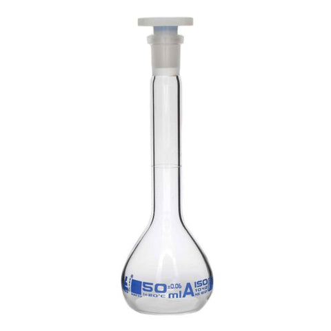 Flask Volumetric class 'A', cap. 50ml, socket size 12/21, borosilicate glass, Blue Printing-EIS-CH0446D
