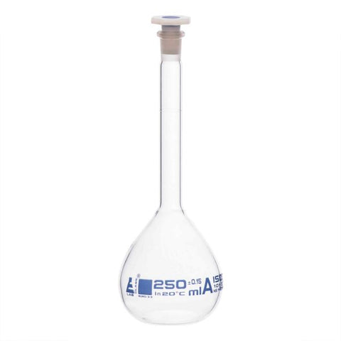 Flask Volumetric class 'A', cap. 250ml, socket size 14/23, borosilicate glass, Blue Printing-EIS-CH0446G
