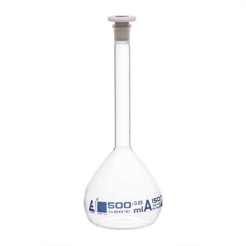Flask Volumetric class 'A', cap. 500ml, socket size 19/26, borosilicate glass, Blue Printing-EIS-CH0446H
