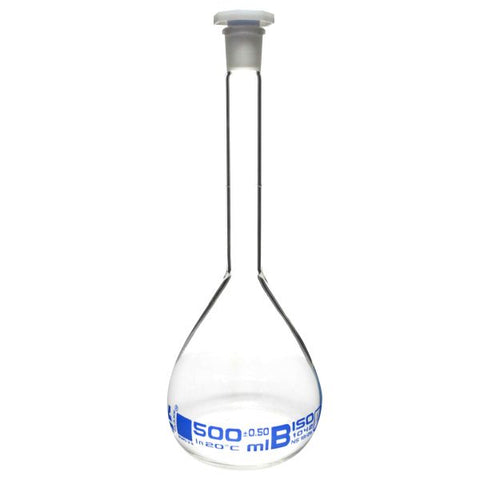 Flask Volumetric class 'B', cap. 500ml, socket size 19/26, borosilicate glass, Blue Printing-EIS-CH0448H