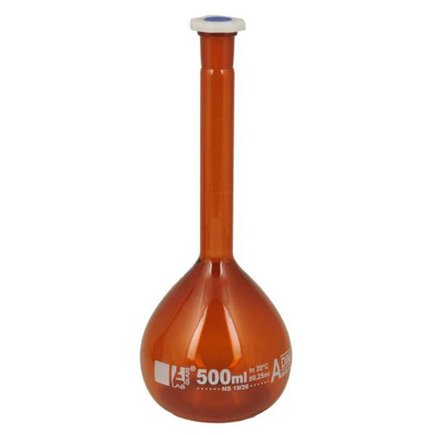 Flask Volumetric Amber, cap. 500ml, fitted with chemical resistance polypropylene stopper, borosilicate glass-EIS-CH0451H
