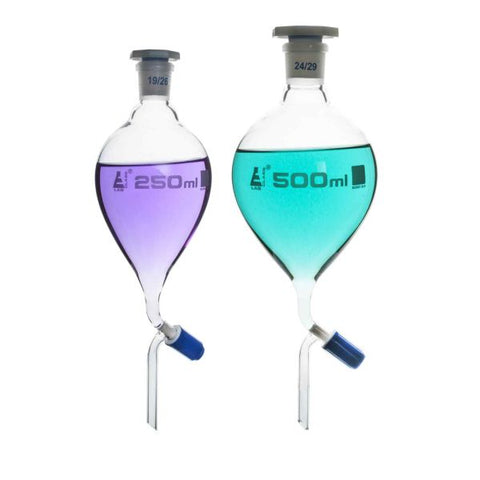 Funnel Separating - Pear shaped, cap. 100ml, Socket size 19/26, borosilicate glass with interchangeable plastic stopper and screw type Rotaflow stopcock-EIS-CH0484B