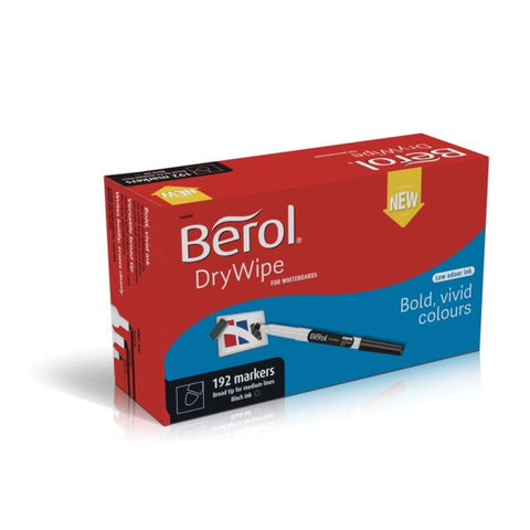 Berol Drywipe Marker Pens Broad Tip Black - Pack of 192